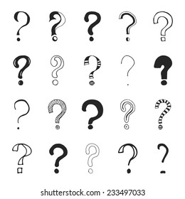 Juego de signos de interrogación dibujados a mano. Ilustración vectorial.