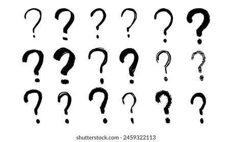 Set of hand drawn question marks, line stroke questions on a white background	