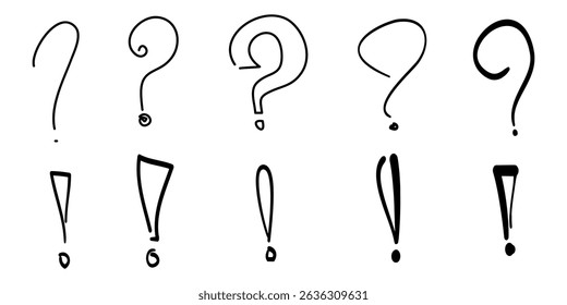 Set of hand drawn question marks and exclamation point. doodle questions marks. isolated on black and white. vector illustration