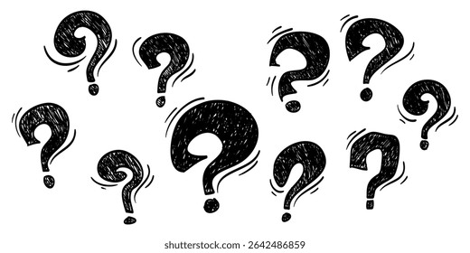 Set of hand drawn question marks. doodle questions marks. isolated on black and white. vector illustration