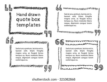 Set of hand drawn quote boxes with text isolated on white background. Doodle style. Quote, commas, message, quote blank, template. Editable vector. Quote bubble. Quote form.