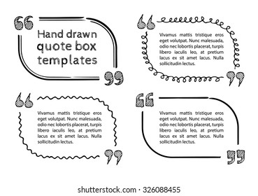 Set of hand drawn quote boxes with text isolated on white background. Quote box with rounded corners Doodle style Quote, commas, message, quote blank, template. Editable vector. Quote bubble