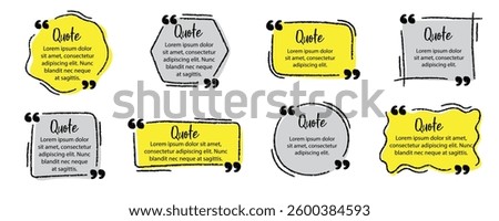 Set of hand drawn quote boxes. Grunge marker drawn blank quote template. Freehand doodle borders with place for your text. Outline speech bubble design. Vector illustration