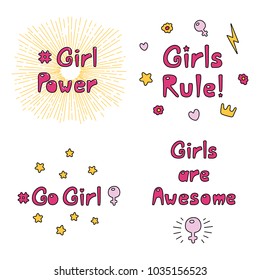 Set of hand drawn quotes about girl power, feminism, with sun rays, flowers, hearts, stars, lightning, crown, Venus mirror. Isolated objects on white. Vector illustration. Design concept women day.