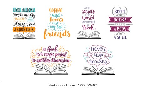 Set of hand drawn quotes about reading and books. Vector motivation lettering