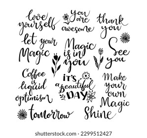 Juego de citas dibujadas a mano . Gracias, amate a ti mismo, es un día hermoso, frases para cartas o afiches. Cita inspiradora de vectores. Ilustración de tinta. Caligrafía moderna de pincel.