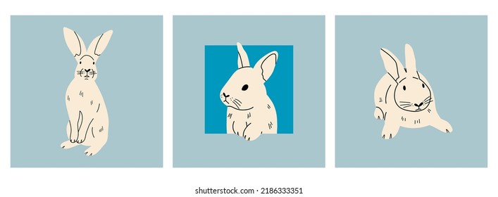 Conjunto de Conejos dibujados a mano. Ilustración de moda vectorial. Diseño plano