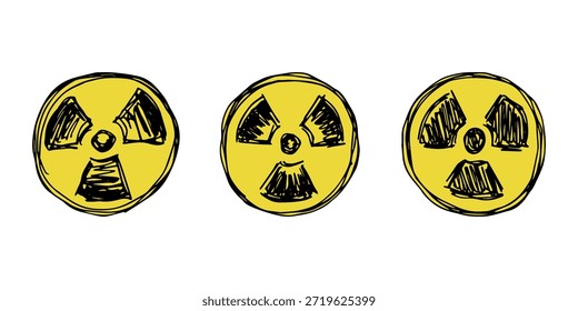 Conjunto de signo de radiación dibujado a mano Símbolo de peligro de radiación nuclear Doodle de advertencia de peligro radiactivo Desechos radiactivos Elemento único para impresión, Web, diseño, decoración