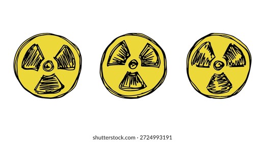 Set of hand drawn radiation sign Nuclear radiation hazard symbol Radioactive danger warning doodle Radioactive waste Single element for print, web, design, decor