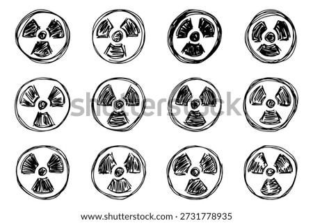 Set of hand drawn radiation sign Nuclear radiation hazard symbol Radioactive danger warning doodle Radioactive waste Single element for print, web, design, decor
