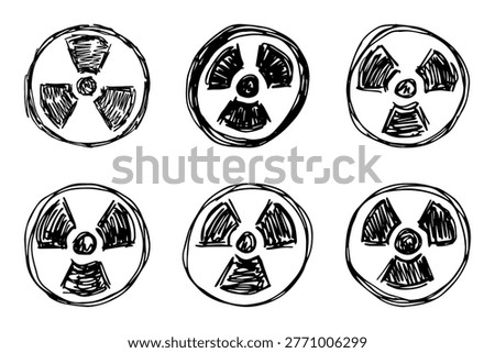 Set of hand drawn radiation sign Nuclear radiation hazard symbol Radioactive danger warning doodle Radioactive waste Single element for print, web, design, decor