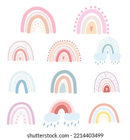 Set of hand drawn rainbows with hearts, clouds, raindrops. Vector illustration of colorful pastel rainbow childish scandinavian style for fabric print, apparel, children textile design, card