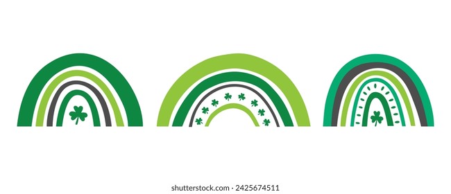 Set of hand drawn rainbows with shamrock. Cute rainbow bridges fot Happy St. Patrick's Day greetings and invitations. Vector illustration.