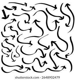 Set of hand drawn and randomly drawn black arrow vectors.