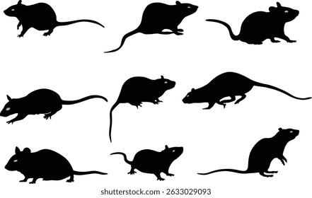 Set of hand drawn rat silhouette illustration in various pose