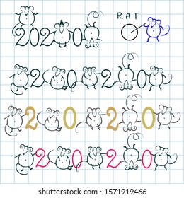 Set of hand drawn rats , isolated on white background with overlay cells. Outline  mouse.Vector illustration. Symbols of 2020 Chinese New Year.
