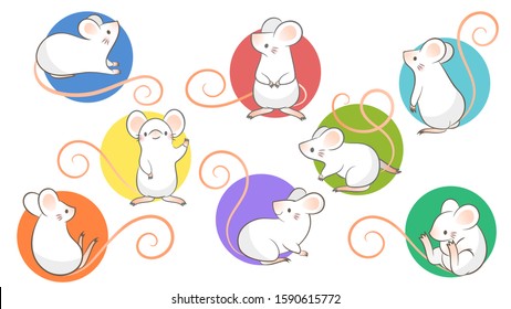 Set of hand drawn rats, mouse in different poses on white background. Vector illustration, cartoon doodle style.