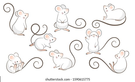 Set of hand drawn rats, mouse in different poses on white background. Vector illustration, cartoon doodle style.