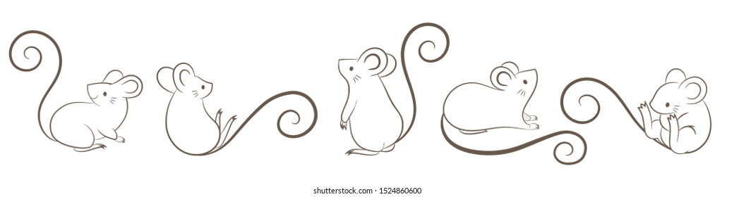 Set of hand drawn rats, mouses in different poses on white background. Vector illustration, cartoon doodle style.