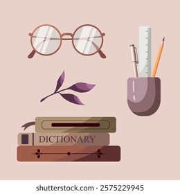 Set of hand drawn reading objects in flat cartoon stylisation. Collection of bookworm stickers in warm colours. Book lover illustration