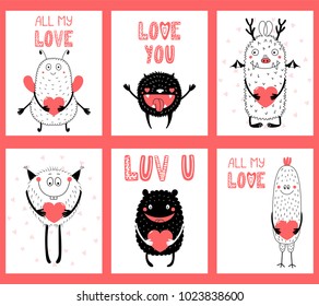 Set of hand drawn ready to use cards, gift tags templates with cute funny cartoon monsters holding hearts, text. Vector illustration. Isolated objects. Design concept for children, Valentines day.