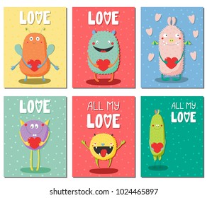 Set of hand drawn ready to use cards, gift tags templates with cute funny cartoon monsters holding hearts, text. Vector illustration. Isolated objects. Design concept for children, Valentines day.