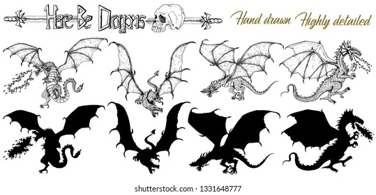 Set with hand drawn realistic detailed dragons and silhouettes on white. Vector sketch of tattoo fantasy concept and t-shirt design. Graphic line art illustration