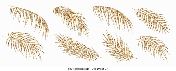 Conjunto de hojas de palma de oro reales dibujadas a mano aisladas sobre fondo blanco. Elementos de diseño exóticos florales de oro de lujo. Ilustración vectorial de hoja de palma tropical