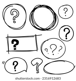 Set hand drawn rectangle, circle, oval and quote box frame, question mark, felt-tip pen objects. Vector doodle elements.