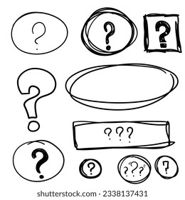 Set hand drawn rectangle, circle, oval and quote box frame, question mark, felt-tip pen objects. Vector doodle elements.