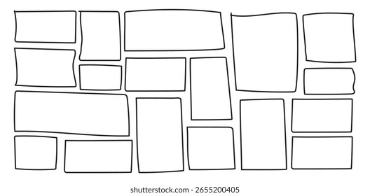 Definir retângulo desenhado à mão, objetos de caneta de ponta de feltro. quadros retangulares desenhados à mão. Rabiscar realçando elementos gráficos. Ilustração vetorial desenhada por uma caneta isolada sobre um fundo branco.
