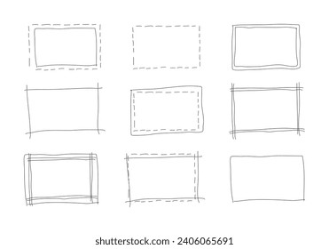 Set of hand drawn rectangle frames. Simple doodle rectangular shapes. Scribble square text box. Highlighting elements. Lined border. Vector graphic illustration.