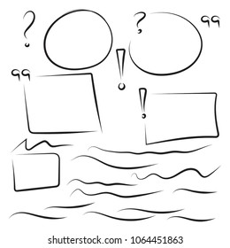 Set hand drawn rectangle, quotes, circle, question, exclamation mark, underline felt-tip pen objects. Text box and frames. Vector handdrawn elements.