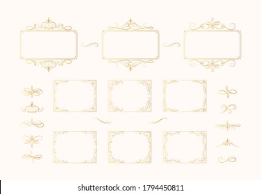 Set of hand drawn rectangular golden swirls, scrolls,  borders in baroque style. Certificate gold frames with filigree elements.  Vector isolated luxury wedding invitation card templates and dividers.