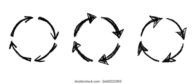 Conjunto de iconos de flecha de reciclaje dibujado a mano Reciclaje de recursos símbolo Reutilización de materiales, cero residuos, medio ambiente verde, salvar el planeta