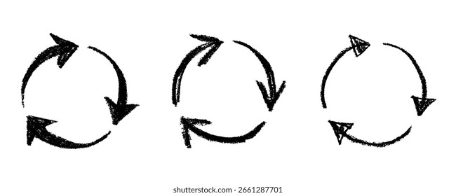 Conjunto de iconos de flecha de reciclaje dibujado a mano Reciclaje de recursos símbolo Reutilización de materiales, cero residuos, medio ambiente verde, salvar el planeta