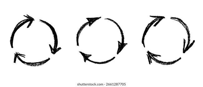 Conjunto de mão desenhado ícone de seta de reciclagem Símbolo de recursos de reciclagem Reutilização de materiais, desperdício zero, ambiente verde, salvando o planeta