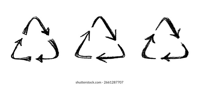 Conjunto de iconos de flecha de reciclaje dibujado a mano Reciclaje de recursos símbolo Reutilización de materiales, cero residuos, medio ambiente verde, salvar el planeta