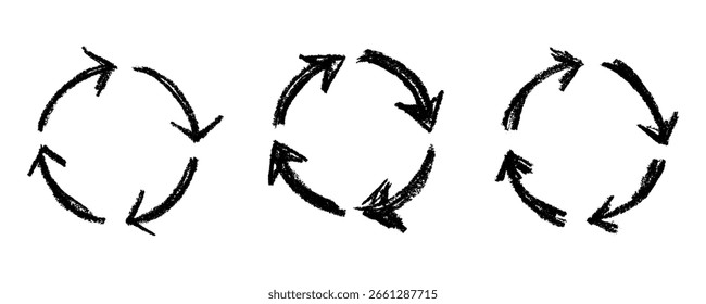 Conjunto de iconos de flecha de reciclaje dibujado a mano Reciclaje de recursos símbolo Reutilización de materiales, cero residuos, medio ambiente verde, salvar el planeta