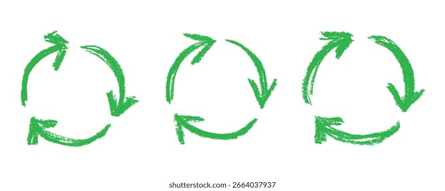 Conjunto de iconos de flecha de reciclaje dibujado a mano Reciclaje de recursos símbolo Reutilización de materiales, cero residuos, medio ambiente verde, salvar el planeta