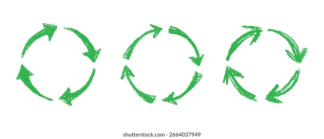 Conjunto de iconos de flecha de reciclaje dibujado a mano Reciclaje de recursos símbolo Reutilización de materiales, cero residuos, medio ambiente verde, salvar el planeta
