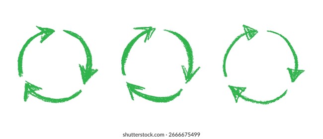 Conjunto de iconos de flecha de reciclaje dibujado a mano Reciclaje de recursos símbolo Reutilización de materiales, cero residuos, medio ambiente verde, salvar el planeta