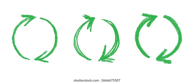 Conjunto de iconos de flecha de reciclaje dibujado a mano Reciclaje de recursos símbolo Reutilización de materiales, cero residuos, medio ambiente verde, salvar el planeta