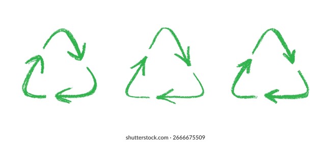 Conjunto de iconos de flecha de reciclaje dibujado a mano Reciclaje de recursos símbolo Reutilización de materiales, cero residuos, medio ambiente verde, salvar el planeta