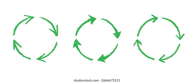 Conjunto de mão desenhado ícone de seta de reciclagem Símbolo de recursos de reciclagem Reutilização de materiais, desperdício zero, ambiente verde, salvando o planeta