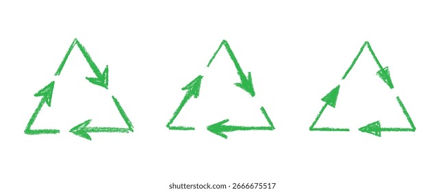 Conjunto de iconos de flecha de reciclaje dibujado a mano Reciclaje de recursos símbolo Reutilización de materiales, cero residuos, medio ambiente verde, salvar el planeta