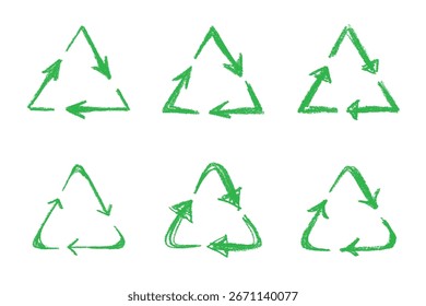 Conjunto de iconos de flecha de reciclaje dibujado a mano Reciclaje de recursos símbolo Reutilización de materiales, cero residuos, medio ambiente verde, salvar el planeta