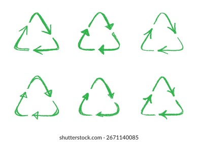 Conjunto de iconos de flecha de reciclaje dibujado a mano Reciclaje de recursos símbolo Reutilización de materiales, cero residuos, medio ambiente verde, salvar el planeta