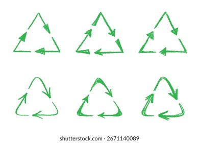 Set of hand drawn recycle arrow icon Recycling resources symbol Reuse of materials, zero waste, green environment, saving the planet