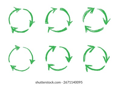 Set of hand drawn recycle arrow icon Recycling resources symbol Reuse of materials, zero waste, green environment, saving the planet